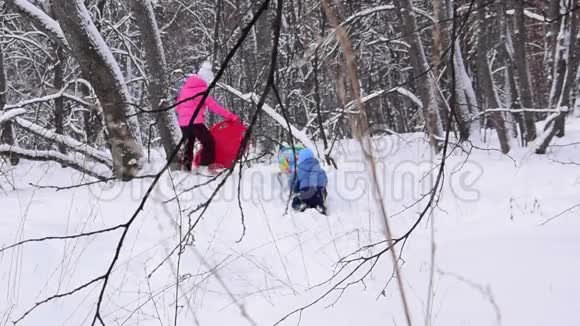 孩子们在冬天的森林里玩耍慢动作视频的预览图