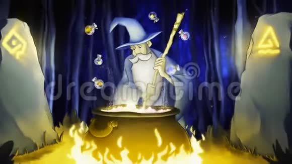 美丽的动画卡通巫师准备一个药剂在大锅和明亮的光束冲上来股票视频的预览图