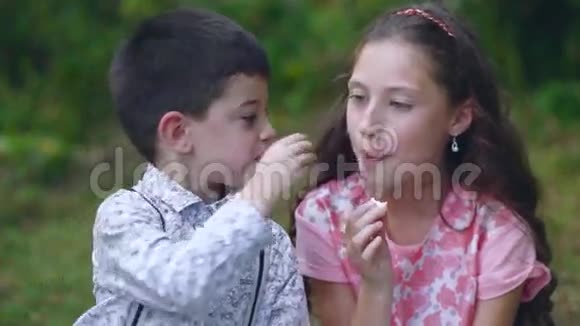 小孩子在花园里吃糖果视频的预览图