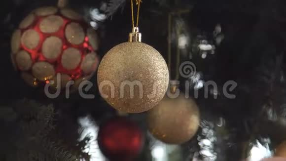 美丽的女孩年轻的女人装饰圣诞树把新年玩具和球放在圣诞树上视频的预览图
