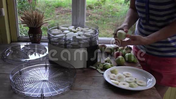 女孩的手剥皮和切梨在桌子附近的食品烘干机4K视频的预览图