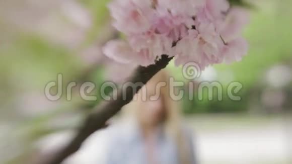 穿着牛仔裤夹克的漂亮金发女孩走到盛开的樱桃三在镜头里看着露出可爱的微笑视频的预览图