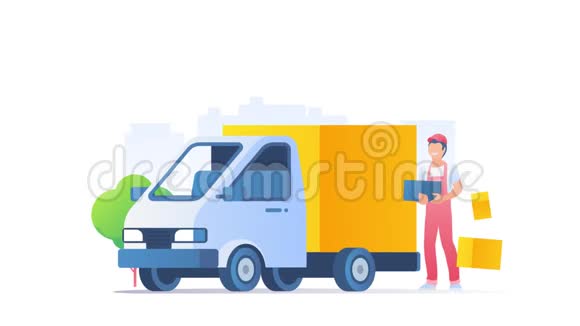 送货卡车和带箱子的人揭示平面设计视频概念与阿尔法视频的预览图
