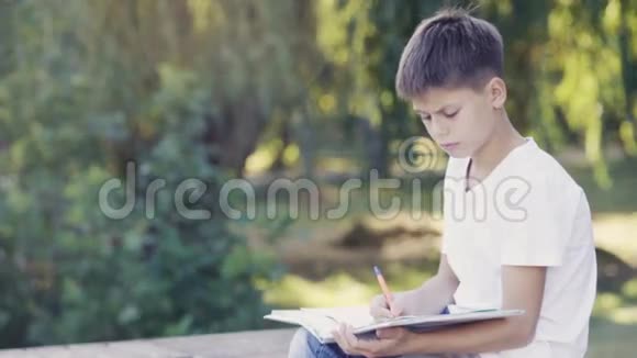 公园里的小男孩坐在路边写作业视频的预览图