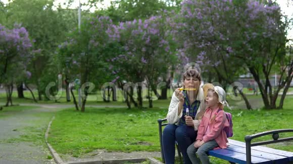 阳光明媚的春天一家人在盛开的紫丁香公园里吹着肥皂泡视频的预览图