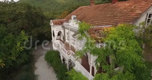 空中摄影博物馆的房子在森林里房子的正面红色的瓷砖视频的预览图