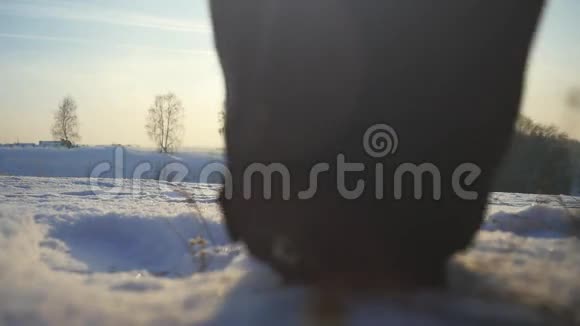 冬天年轻的女人在山上缓慢地穿过太阳1920x1080视频的预览图