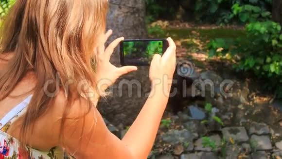 近景背面金发女孩在公园照猴子视频的预览图