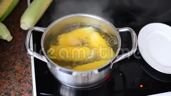 玉米在炉子上的锅里煮视频的预览图