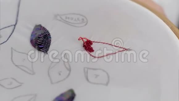 女人手工缝纫和刺绣珠视频的预览图