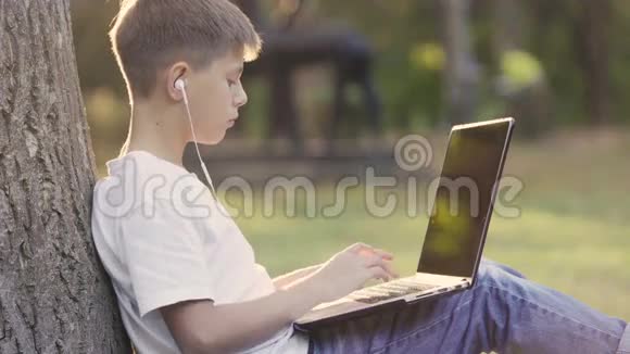 在公园里坐在树下的小男孩在花园里用笔记本电脑视频的预览图