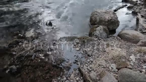 相机从右向左移动当河水沿着河道扫过石头时拍摄视频的预览图