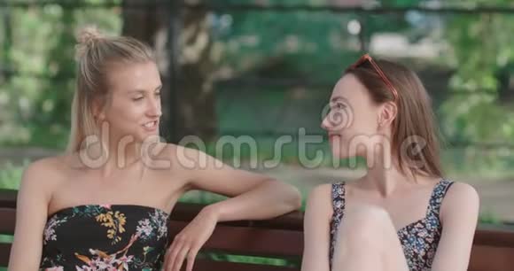 两个年轻女孩坐在公园的长凳上享受夏天和聊天视频的预览图