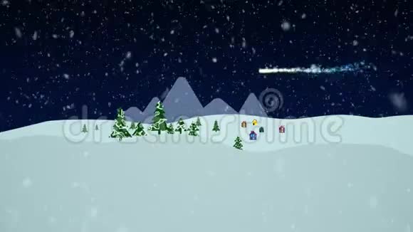 大雪纷飞的冬季景观与松树和房屋落星与假日愿望圣诞节及新年乙视频的预览图