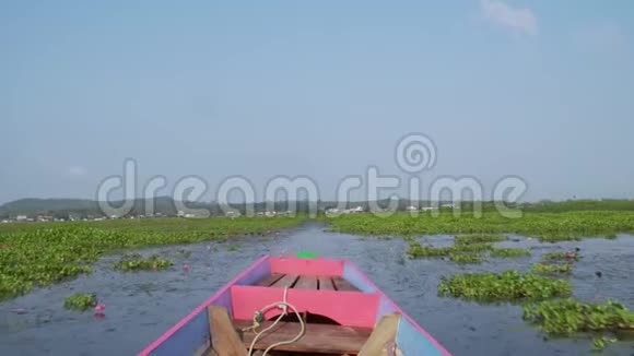 骑木制长尾船泰国塔勒诺伊水禽保护区湖前景POV视频的预览图