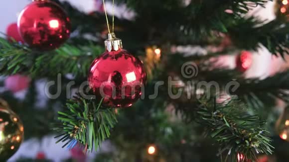圣诞树上有红色闪亮的球圣诞树上有灯光的圣诞花环视频的预览图