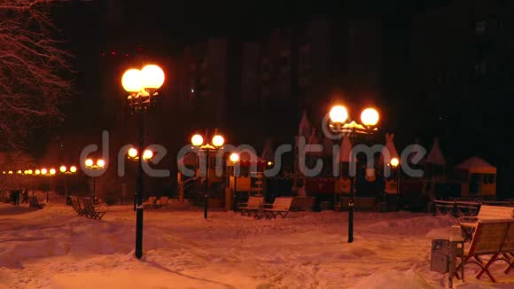 儿童白雪覆盖的小镇在极地的夜晚被路灯照亮视频的预览图