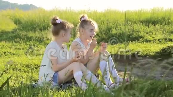 两个小女孩坐在草地上聊天玩得开心视频的预览图