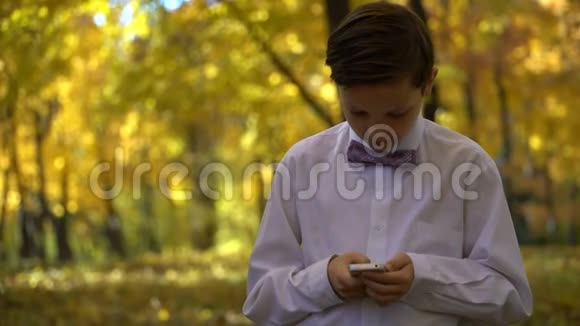 年轻人打电话在秋天公园散步视频的预览图