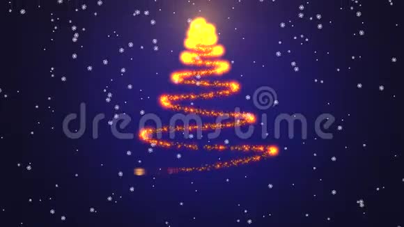 闪闪发光的圣诞树在蓝色背景上旋转雪花圣诞节主题背景视频的预览图