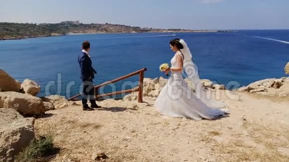 年轻的新娘和新郎在海滩上散步亲吻和享受乐趣视频的预览图