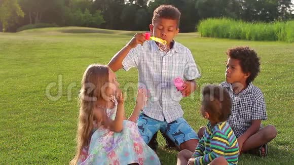 孩子们在草地上玩肥皂泡视频的预览图