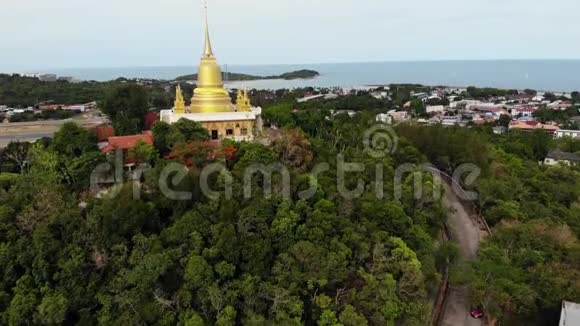 林间经典佛寺从上面的无人机可以看到佛寺在山附近的绿树之间视频的预览图