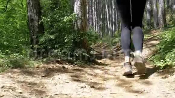 在山上的森林小径上徒步旅行的妇女脚下观看视频的预览图