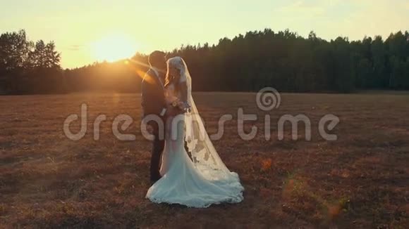 新娘和新郎在夕阳下与绿色草坪在田野里接吻视频的预览图