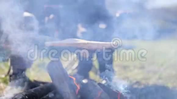 父子一家在营火上烤面包视频的预览图