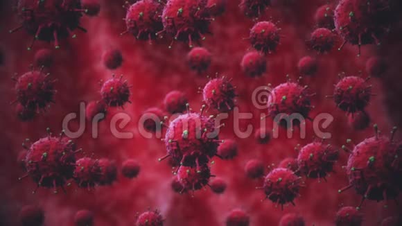 红色细菌或covid19病毒细胞在人体器官的红色背景下随机移动和旋转分离视频的预览图