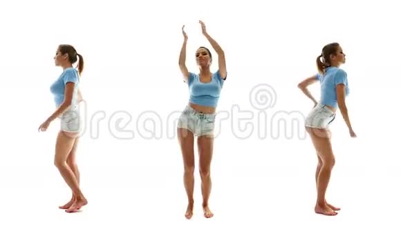 穿短裤和T恤的漂亮女人跳舞听音乐拼贴画视频的预览图