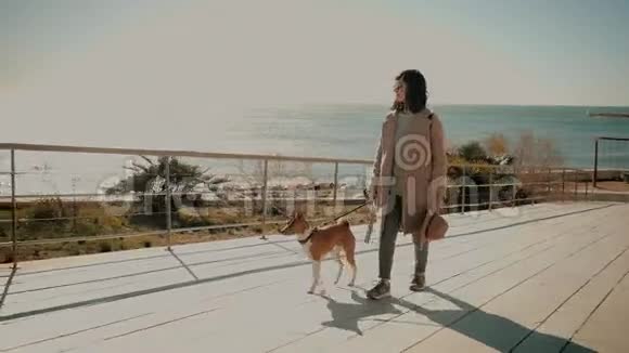 美丽的女孩和她的狗在海边散步视频的预览图