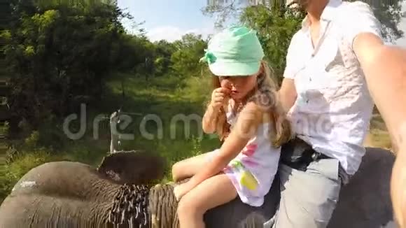 可爱的金发小女孩和她的父亲在斯里兰卡享受大象狩猎视频的预览图
