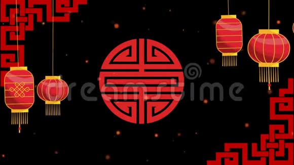 动画中国风格背景红色灯笼和红色火花视频的预览图