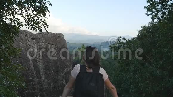 年轻的女徒步旅行者带着背包看着山女游客站在美丽的峡谷边缘慢慢视频的预览图