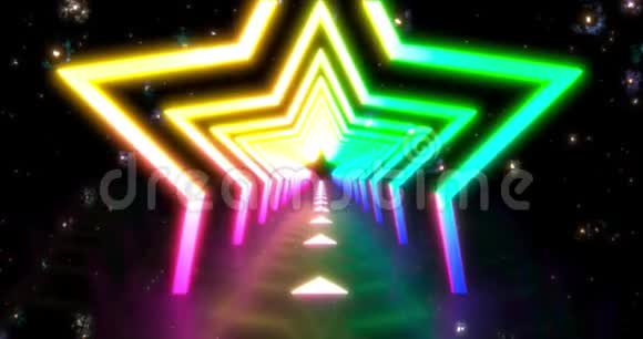 霓虹灯几何背景与LED星荧光隧道紫外线抽象蓝色紫色循环动画4k视频的预览图