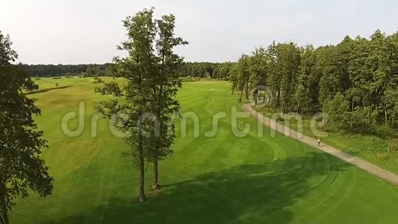 一架无人机飞过带湖的绿色高尔夫球场视频的预览图