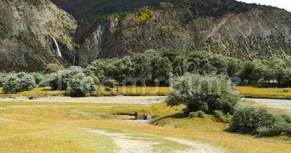 瀑布流淌在山谷中灌木丛在西藏山区的食物上视频的预览图