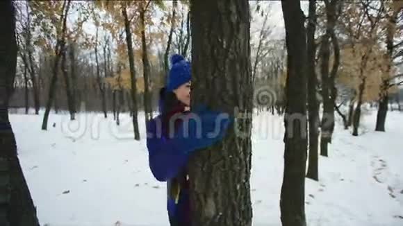 冬天公园里散步的小淘气视频的预览图