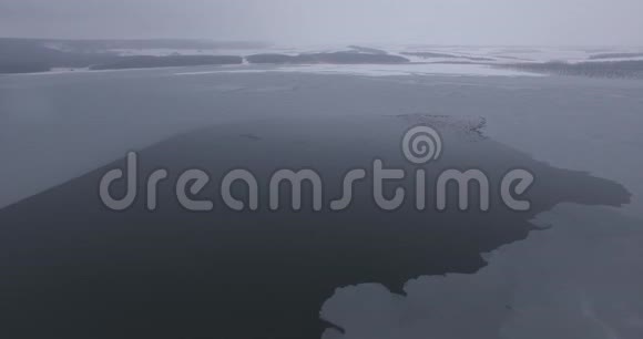 冰封的湖面鸟儿飞翔寒冷的冬天视频的预览图