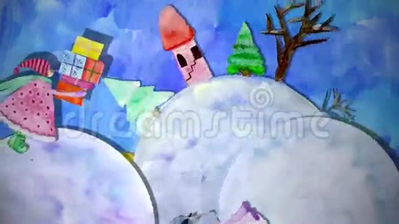 冬季动画水彩画与女孩狗和雪人视频的预览图