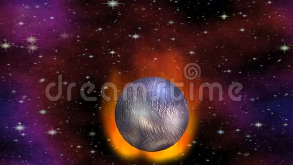 科幻视频有恒星和星云的宇宙背景上的金属行星在火焰中的破坏地球在地球上爆炸视频的预览图
