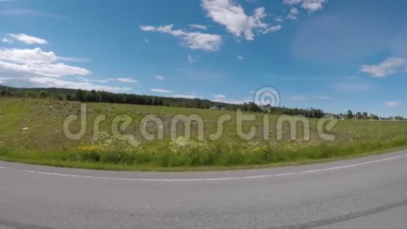 在有绿色牧场和森林背景的道路上驾驶汽车视频的预览图