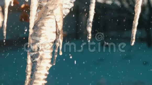 大量融化的冰柱在春天的阳光下闪闪发光视频的预览图