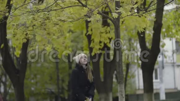美丽的年轻女子走在公园里吐出秋天的枫叶视频的预览图