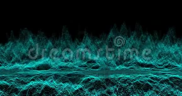 4K抽象黑暗背景与移动回路和闪烁粒子数字蓝绿色波光可循环视频的预览图