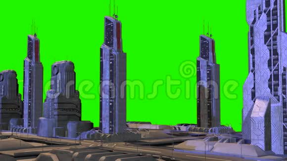 3小型喷气式飞机在科幻摩天大楼之间飞行3D绘制视频的预览图