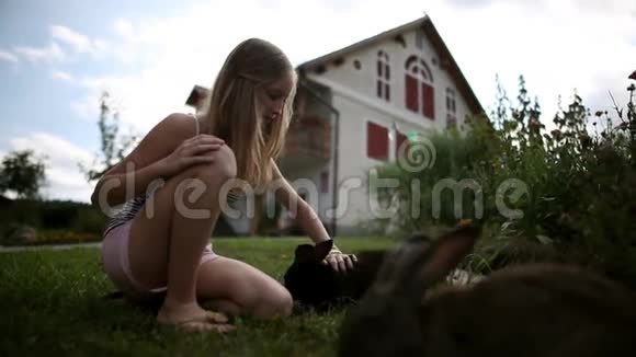 小女孩在农场前照顾兔子视频的预览图