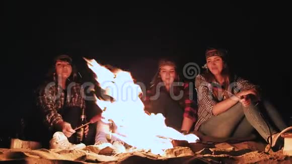 几个女孩晚上坐在炉火旁煎香肠讨论并领导谈话参加竞选视频的预览图
